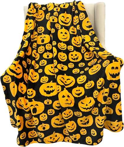 Miniatura 15 de Manta de Halloween: Jack O Lantern, calabazas, fantasmas blancos y telarañas en suave forro polar de terciopelo negro para sofá, sillas y cama Ghost