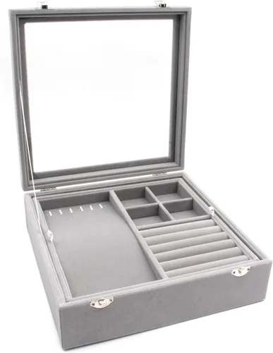 KLOUD City Joyero con tapa de vidrio Caja de joyería de dos capas Organizador Display Storage Case (gris)