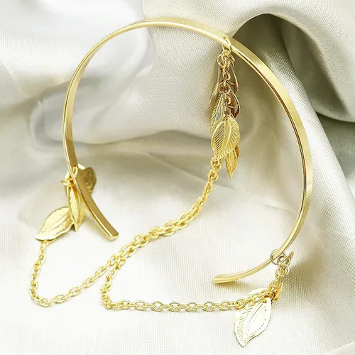 Miniatura 5 de RechicGu 2 piezas de cadena de plumas de hojas con borlas de pulsera, brazalete de brazo abierto, parte superior abierta, conjunto ajustable