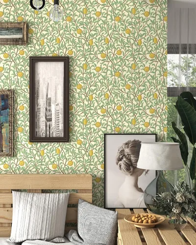 Miniatura 2 de Papel tapiz de limón para despegar y pegar, color beige y verde, 17.3 x 78.8 pulgadas, papel de pared autoadhesivo extraíble, papel de contacto