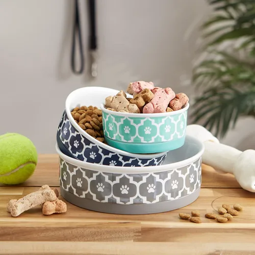 Miniatura 9 de Taza para mascotas Bone Dry con diseño de pata en cerámica, colección Lattice, juego mediano, 6x2 pulgadas, gris, 2