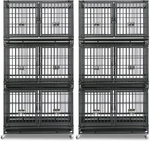 Homey Pet Paquete de 2 jaulas apilables de tres niveles de 43 pulgadas para perros con ruedas, jaula de acero indestructible para perros para