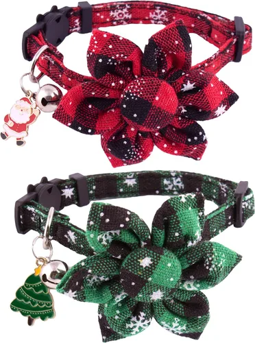 Miniatura 14 de PTDECOR Paquete de 2 Collares de Navidad para Gatos, Collar a Cuadros con Cascabel de Moño Extraíble, Collares de Navidad con Moño a Cuadros de Arco