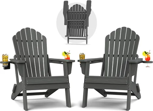 Miniatura 10 de Plawdlik Juego de 2 sillas plegables Adirondack de HDPE, sillas de patio al aire libre resistentes con soportes dobles para tazas, silla para Negro