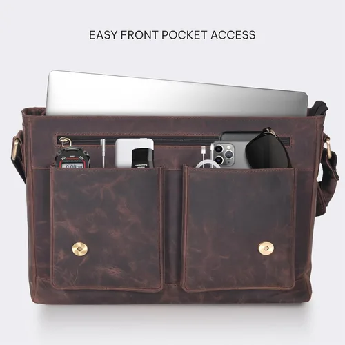 Miniatura 6 de VALENCHI Bolsa tipo mensajero de cuero de grano completo para laptop de 15.3 pulgadas para hombres y mujeres, compartimento acolchado para laptop