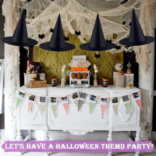 Miniatura 2 de ZeeDix 8 sombreros de bruja de Halloween para colgar en interiores, sombrero de bruja flotante negro con cuerda colgante de 98 pies, accesorios