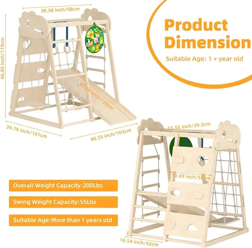 Miniatura 2 de Zona de juegos interior 8 en 1, gimnasio interior de la selva para niños, juguetes de escalada Montessori de madera con anillos, tobogán, escalera