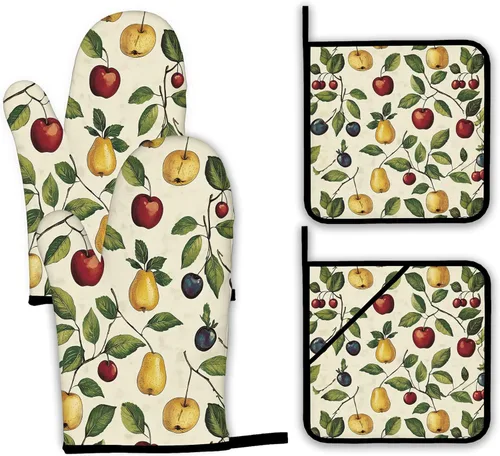 Juego de guantes retro para horno y soportes para ollas, guantes de horno de cocina de cereza y soporte para ollas con resistente al calor, Cereza