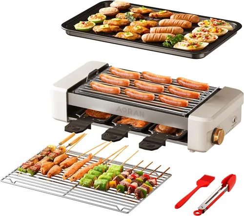 AORAN - Parrilla eléctrica para interiores sin humo, parrilla de encimera de 800 W con platos de cocina antiadherentes extraíbles y estante para