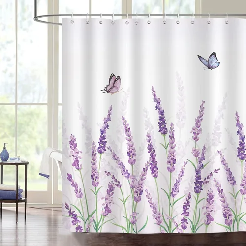 Bonhause Cortina de ducha de lavanda morada, decoración de baño de mariposa floral lila primavera, 72 x 72 pulgadas, tela de poliéster impermeable