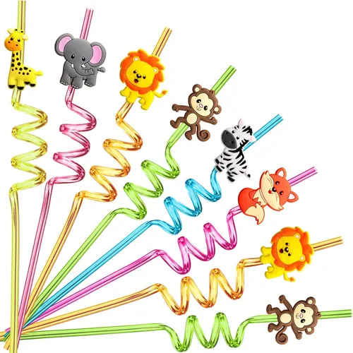 24 pajitas de plástico reutilizables de animales de la selva para león, zorro, cebra, jirafa, safari, suministros de fiesta de cumpleaños, regalos