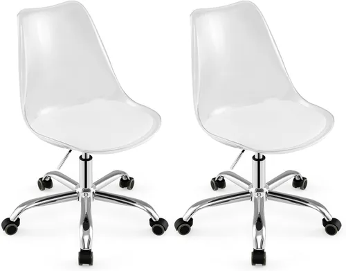 Miniatura 10 de COSTWAY Silla de escritorio transparente, sillas de oficina de acrílico rodantes sin brazos con asiento giratorio y cojín de piel sintética, altura