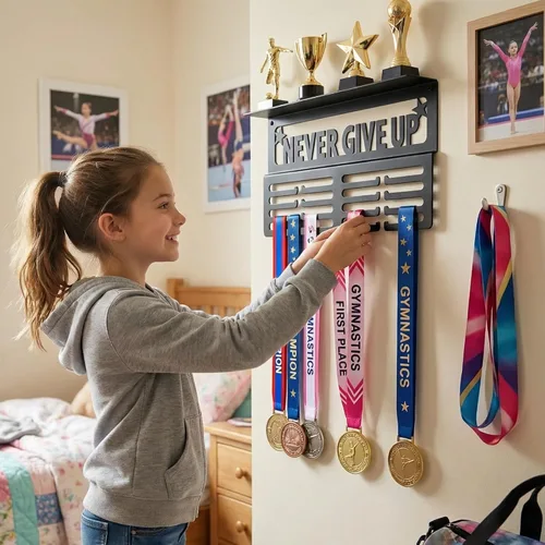 Miniatura 2 de Colgador de medallas AGATHOS HOME con estante para trofeos - Estante de premios de metal para paredes con capacidad para 64+ medallas deportivas