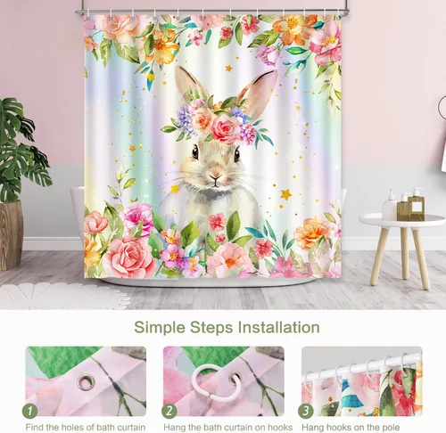 Miniatura 5 de Lokigo - Linda cortina de ducha con conejos, cortinas de ducha divertidas con conejos de Pascua para decoración de baño, cortina de ducha de tela