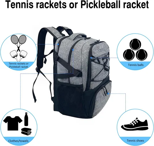 Miniatura 6 de Mochila para raqueta de tenis WOLT - Mochila grande para raqueta de tenis para hombres y mujeres - Compartimento ventilado para zapatos - Capacidad