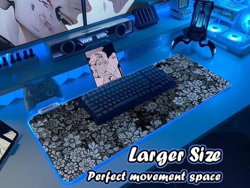 Miniatura 2 de JMIYAV Alfombrilla de mouse para juegos RGB en blanco y negro, 31.5 x 12 pulgadas, PC XL, grande, extendida y brillante, con luz LED, base de goma