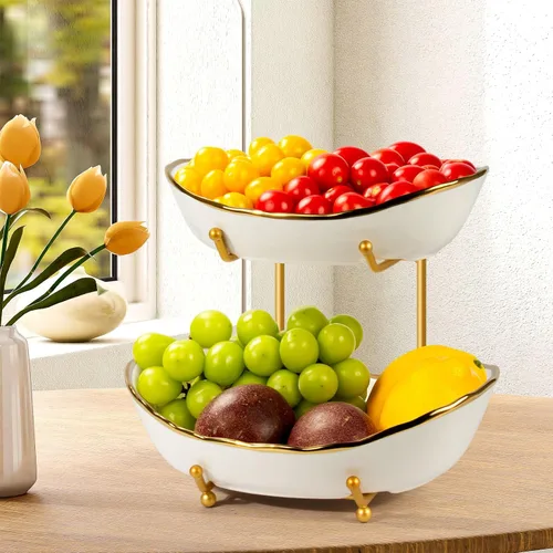 Miniatura 11 de Frutero para encimera de cocina, cesta de frutas de cerámica de dos niveles, soporte para frutas y verduras frescas, bandejas modernas para servir