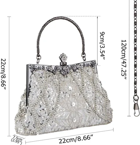 Miniatura 4 de Bolso de estilo vintage con cuentas de lentejuelas bolso de noche de fiesta de boda bolso de embrague de diamantes de imitación, plateado