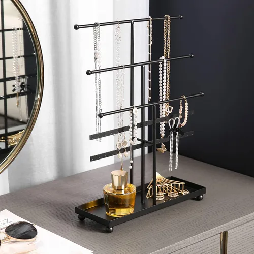 Miniatura 2 de MyGift Moderno soporte organizador de joyas de metal de 3 niveles, exhibición de almacenamiento de joyas negro mate con bandeja para anillos, 18