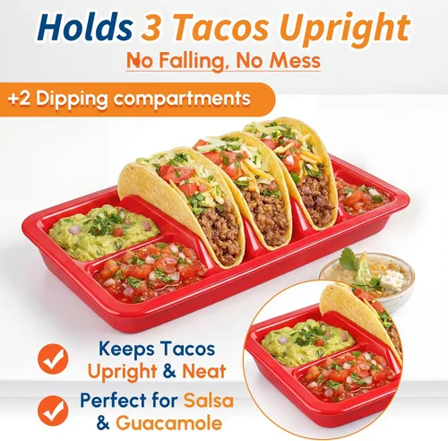 Miniatura 3 de Uiifan 4 platos mexicanos de plástico para fiestas de cumpleaños con divisor de pie para 3 tacos y 2 áreas de inmersión, bandejas para Cinco