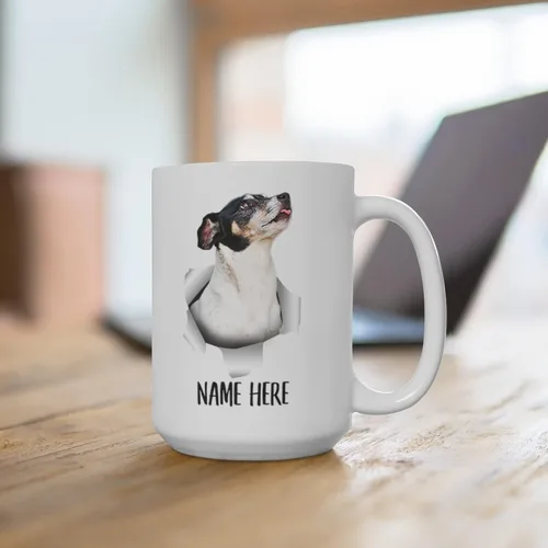 Miniatura 4 de Divertida taza de café blanca con nombre personalizado Rat Terrier con texto personalizado para Navidad 2026, 15 onzas