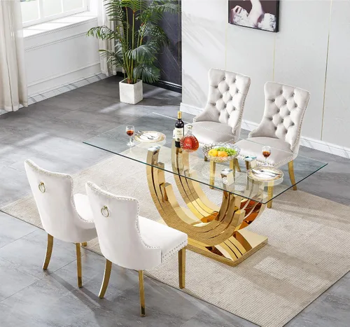Miniatura 2 de Juego de mesa de comedor de cristal dorado moderno de 70 pulgadas para 4, juego de mesa de comedor rectangular de 5 piezas con tres patas de acero