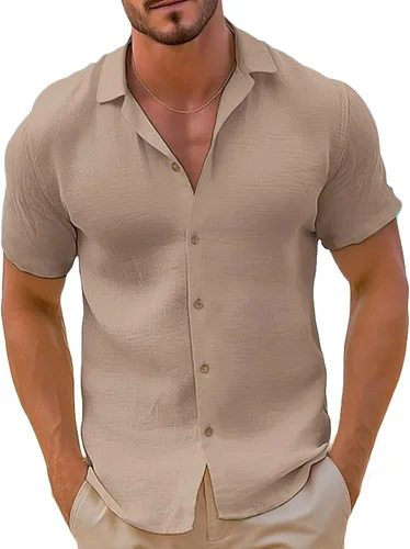Miniatura 7 de Camisa de guayabera cubana para hombre, estilo casual, con botones, de manga corta, para verano, playa, hippie, color sólido, tops de trabajo