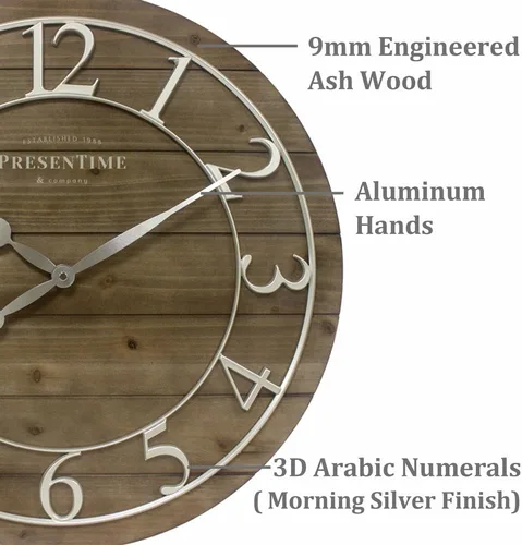 Miniatura 2 de Presentime & Co - Reloj vintage de granja Shiplap de 19.5 pulgadas, números arábigos plateados con estilo Shiplap de madera de pino desgastado.