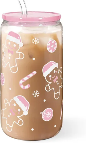 Miniatura 38 de SANDJEST Vaso de Vidrio con Margaritas en Patrón de Tablero de Ajedrez, Taza Floral a Cuadros con Tapa y Pajita, Tazas Estéticas de Café Helado