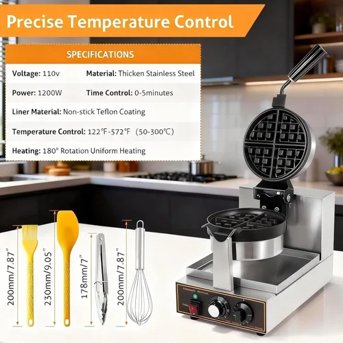 Miniatura 2 de WICHEMI Gofrera belga comercial gruesa, de hierro fundido redondo waflera giratoria, 180° Flip antiadherente Control de tiempo Temperatura ajustable