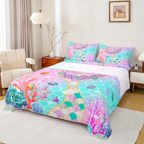 Miniatura 46 de Erosebridal Juego de sábanas 3D de mundo submarino con diseño de peces de playa, azul mar, tamaño individual, sábana bajera ajustable con diseño