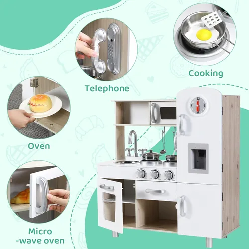 Miniatura 3 de MAMIZO Juego de cocina para niños, cocina preescolar, juguete de madera para niños pequeños con nevera, estufa, utensilios de cocina, teléfono