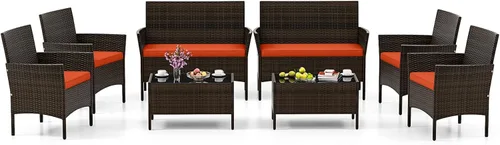 Miniatura 24 de HAPPYGRILL Juego de 4 muebles de mimbre para exteriores, juego de muebles de mimbre para patio con sillas de dos plazas y mesa de café de vidrio