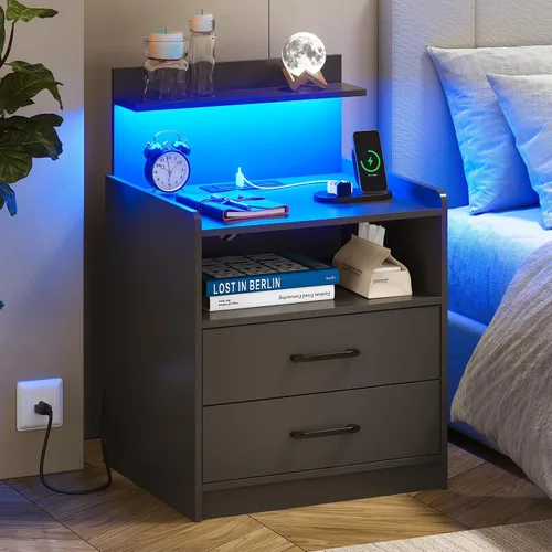 Miniatura 7 de Mesita de noche LED con estación de carga, mesita de noche con 2 cajones y almacenamiento abierto, mesa de noche con luces LED, mesa auxiliar Negro