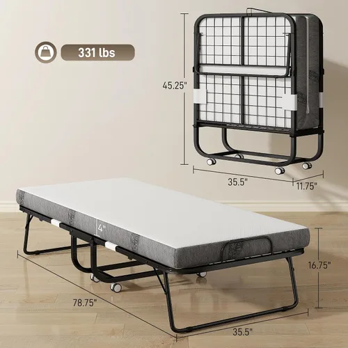 Miniatura 3 de HOMCOM Cama plegable con colchón para adultos, tamaño individual largo, cama plegable portátil con colchón de espuma de 4 pulgadas y marco de acero
