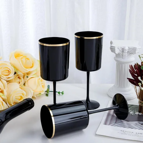 Miniatura 6 de Ciaell Paquete de 12 copas de vino de plástico negro de 10 onzas con tallo – Copas de vino desechables negras y doradas, perfectas para fiestas