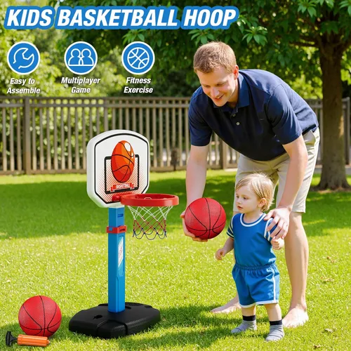 Miniatura 5 de HYES Juego de aro de baloncesto 2 en 1 y pelota en T para niños, altura ajustable, tee de béisbol para niños con máquina de lanzamiento automática