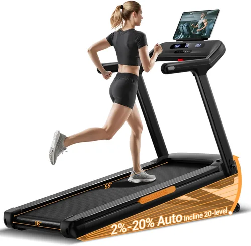 UMAY Fitness Rehab Treadmill with Extended Handrails & Belt for Safety & Balance, 0.1 Increment for Start & Stop, Pulse Sensors, Auto-Folding Home