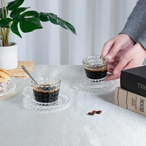 Miniatura 4 de Juego de 6 tazas de cristal para café espresso con platillos y cucharas de acero inoxidable, aptas para lavavajillas, para té, chocolate caliente