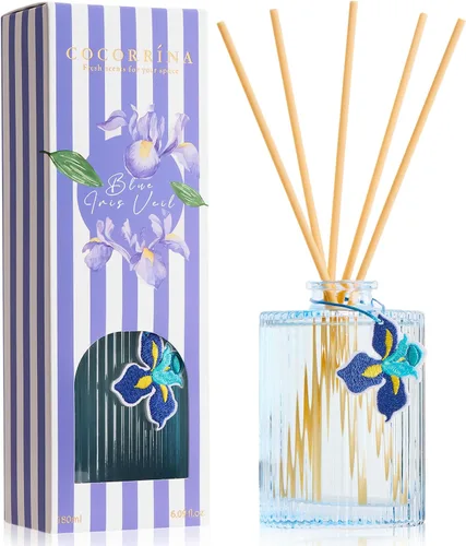 COCORRÍNA Difusor de junco, difusor de flores con aroma a iris azul, 6.09 onzas líquidas, 8 cañas, fragancia para el hogar de larga duración,