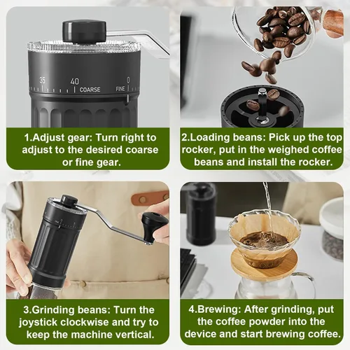 Miniatura 2 de Mini molinillo de café manual con 40 ajustes ajustables, molinillo de café portátil de mano con capacidad de 1.06 oz, molinillo compacto de rebabas
