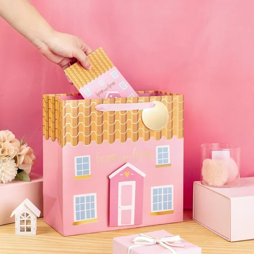 Miniatura 5 de LeZakaa Bolsa de regalo rosa de 10.4 pulgadas con papel de seda, etiqueta de regalo y tarjeta, Home Sweet Home con Paster 3D para inauguración