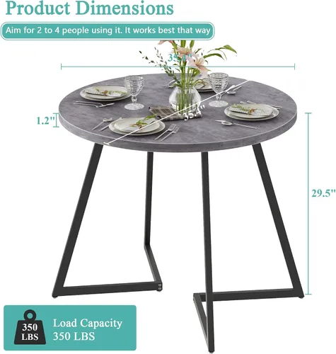 Miniatura 6 de VECELO Mesa de comedor redonda de 35 pulgadas para 4, superficie de grano de madera y marco de acero resistente, para cocina, sala de estar, fácil