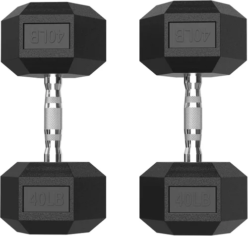 Miniatura 10 de PAPABABE Juego de 2 mancuernas hexagonales con agarre de goma de 2.5 a 125 libras, pesas fijas con revestimiento de goma inodoras, pesas
