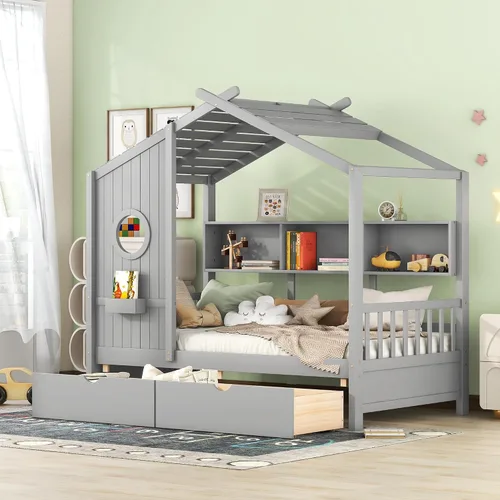 MERITLINE Montessori - Cama de casa de tamaño individual con 2 cajones y estantes de almacenamiento, marco de cama de madera para niños, tienda de