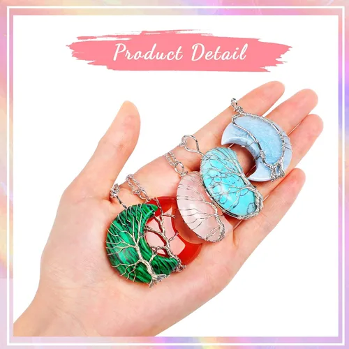 Miniatura 5 de Sherr 15 collares de luna creciente de árbol de la vida, collares de cristal curativo, envoltura de alambre, piedras preciosas naturales, colgante