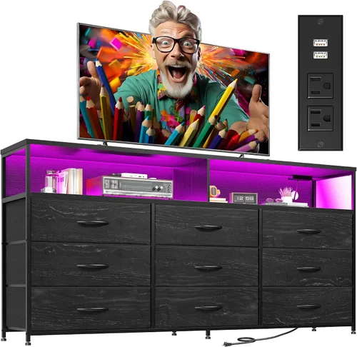 Cómoda negra de 55 pulgadas de ancho para dormitorio con estación de carga y luz LED, soporte de TV de 65/55/50 pulgadas con 9 cajones de tela,