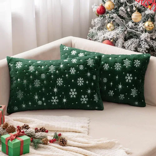 Miniatura 22 de MIULEE - Juego de 2 fundas de cojín decorativas de Navidad, hechas de piel sintética suave con copos de nieve plateados y brillantina, para Verde