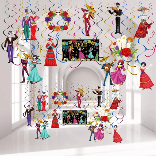30 piezas de decoración colgante del Día de los Muertos Dia De Los Muertos para el techo, remolinos de azúcar, calavera colgante, decoraciones de