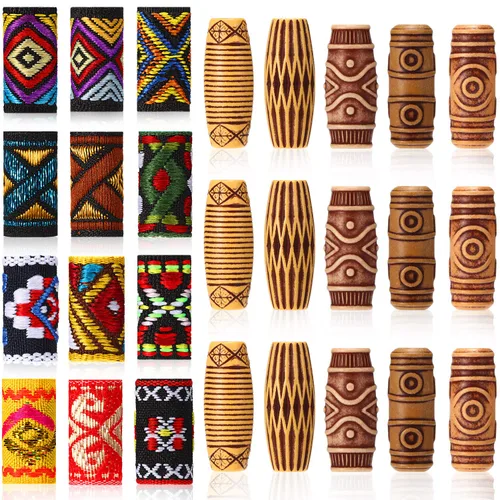 WILLBOND 27 cuentas de tela de madera para rastas, cuentas de tubo para trenzas de cabello, joyería para el cabello, adorno de barba para mujeres y